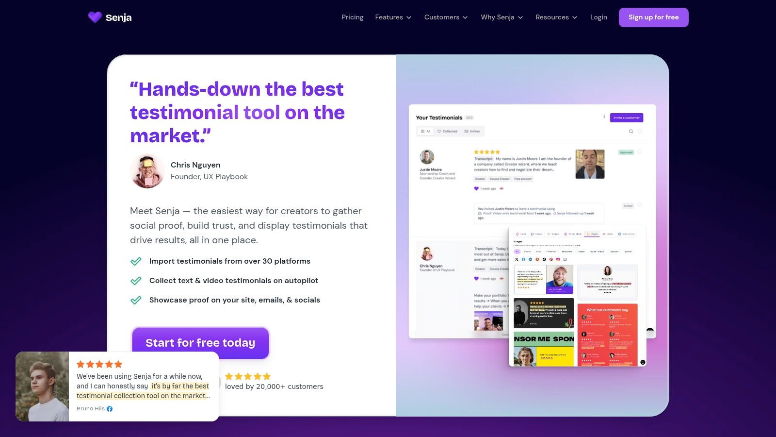 A screenshot of the Senja dashboard showing how testimonials are collected and can be turned into shareable images or embedded on a website.