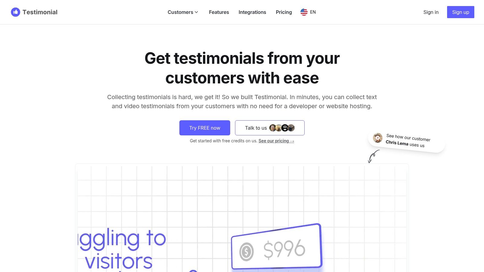 A screenshot of the Testimonial.to dashboard showing a "Wall of Love" with various customer testimonials.
