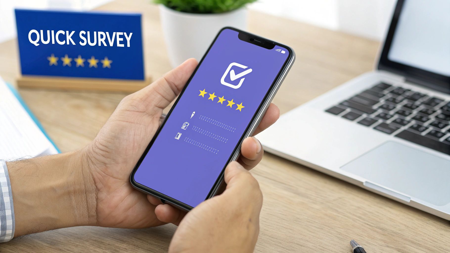 A person on a smartphone completing a survey with a clean, simple interface.