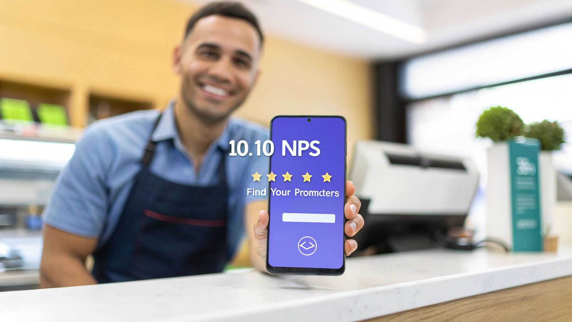 A digital illustration showing a customer selecting a '10' on an NPS survey, with an arrow pointing to a glowing five-star Google review icon.