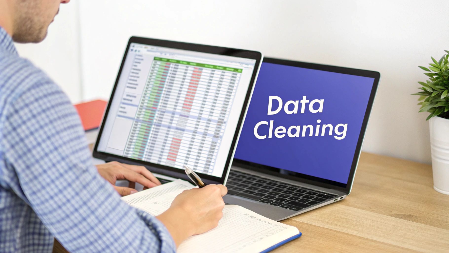 A person at a desk analyzing charts and data on a computer screen, representing the process of coding and organizing survey responses.