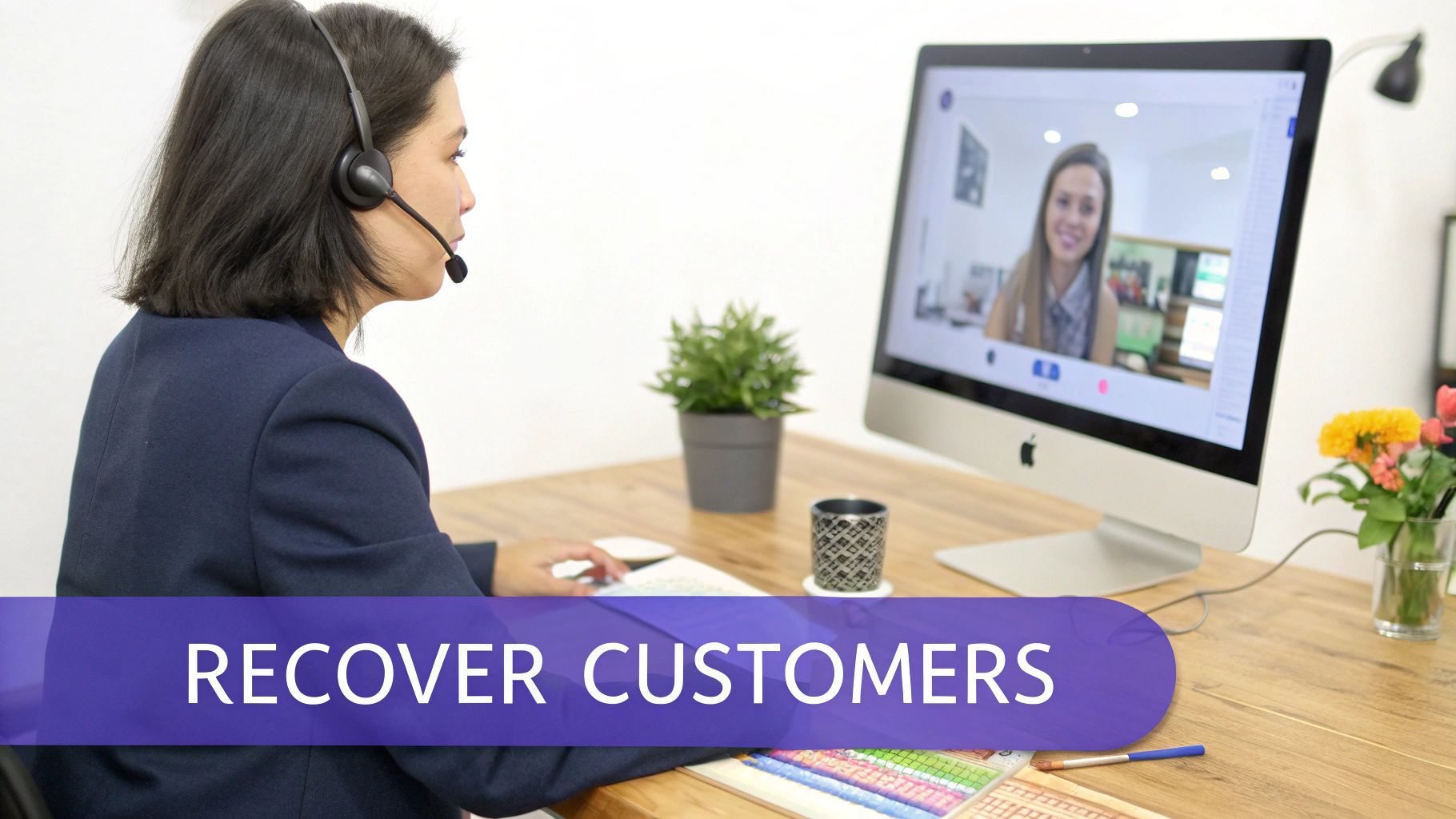 A woman wearing a headset engaged in a video call on a computer screen, with the text 'RECOVER CUSTOMERS'.