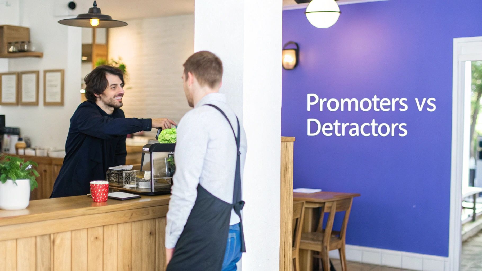 Two men interacting at a modern cafe counter, one serving a customer, with 'Promoters vs Detractors' text on a purple wall.