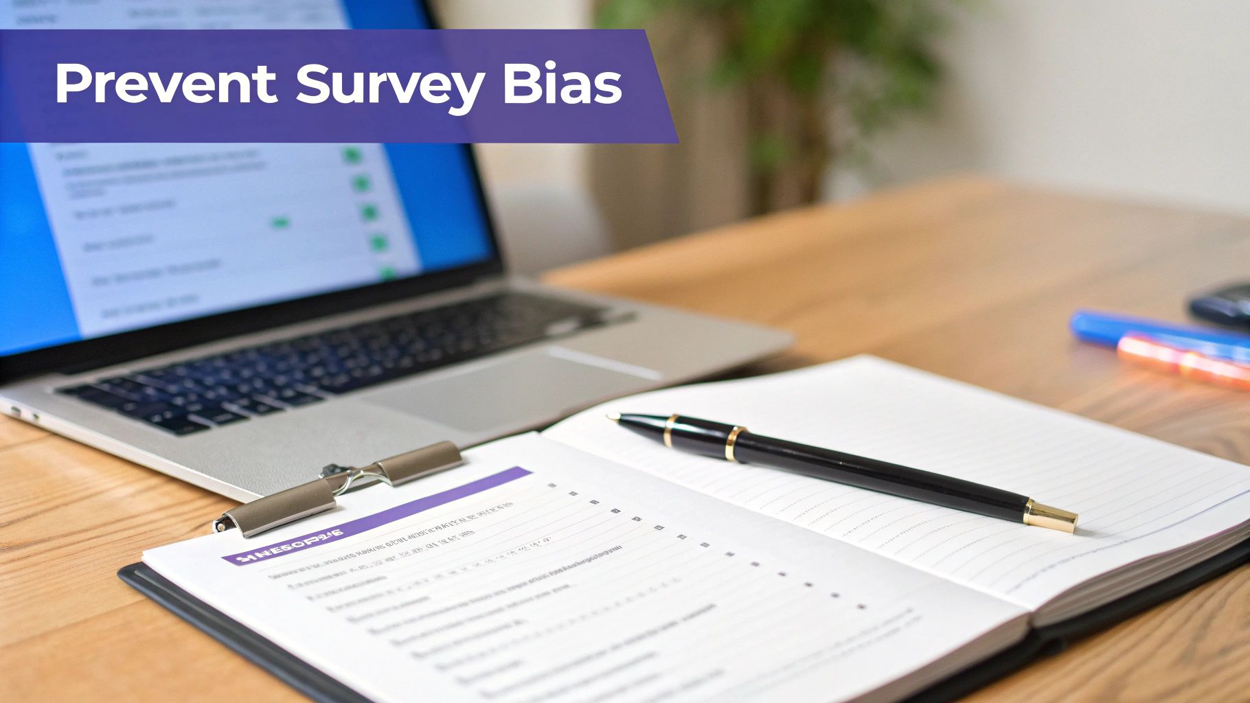 A laptop and open notebook with a pen on a wooden desk, displaying 'Prevent Survey Bias'.