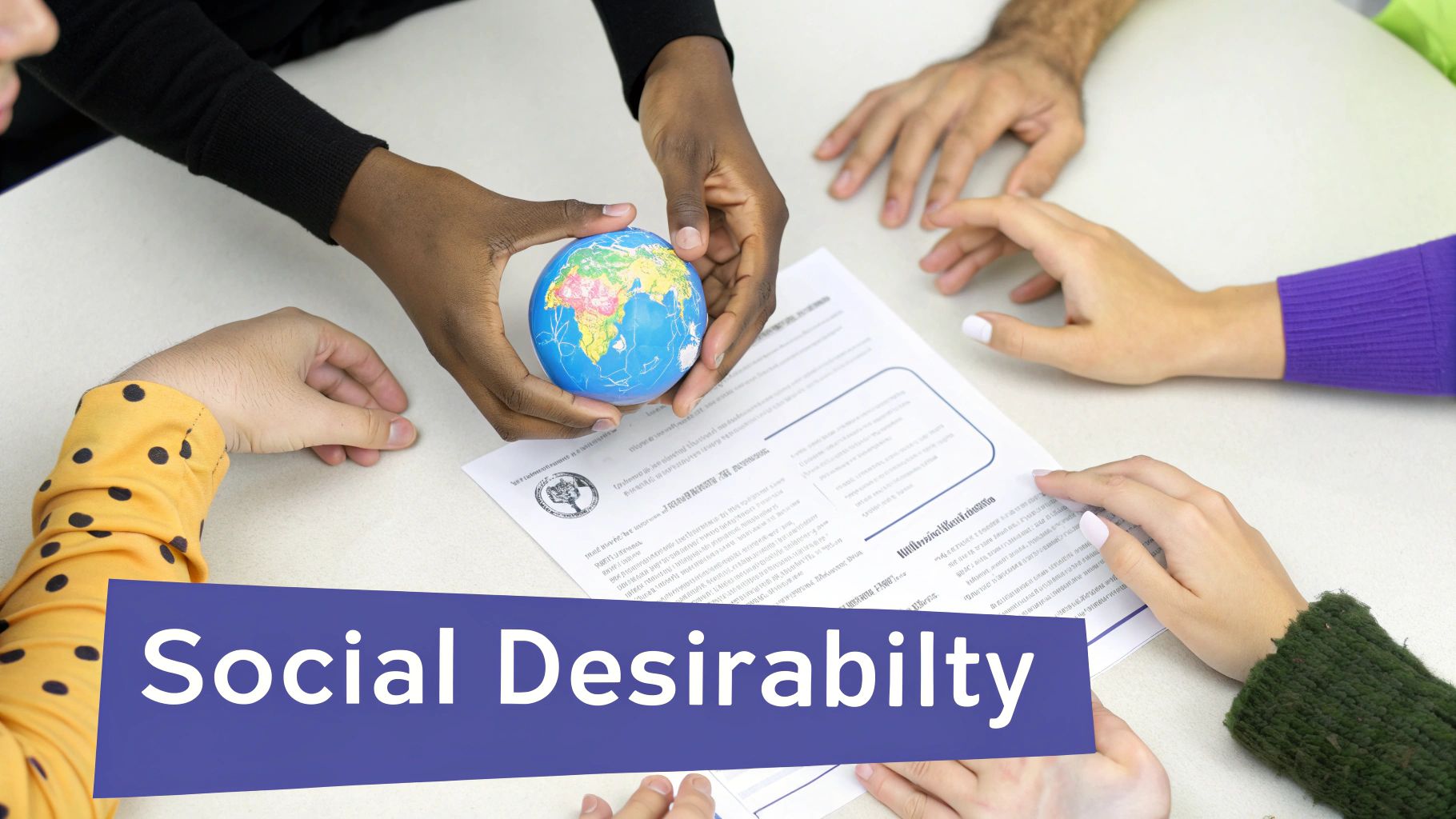 Diverse hands gathered around a table, one person holding a small globe, discussing topics.