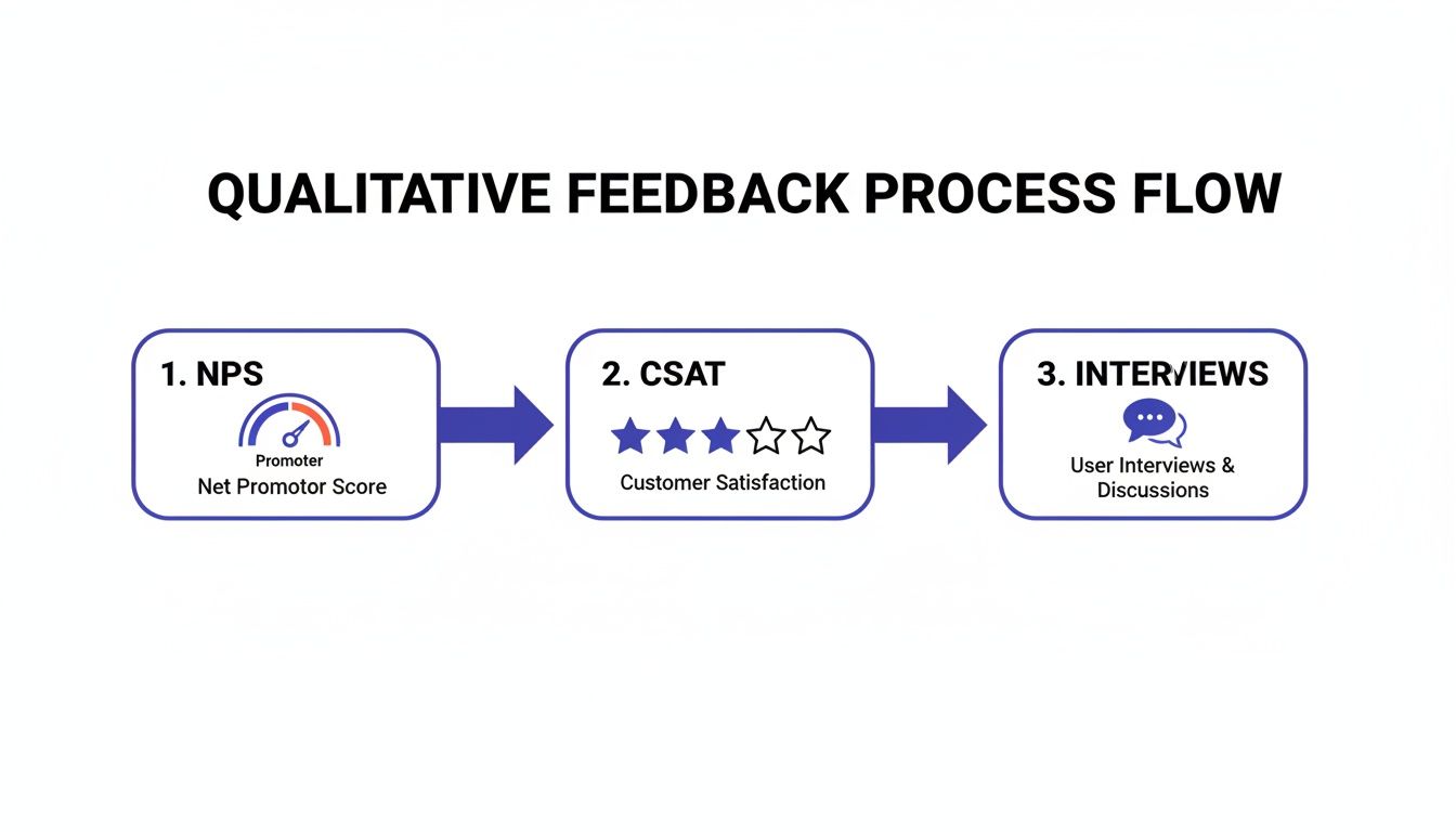 A qualitative feedback process flow diagram showing three steps: NPS, CSAT, and Interviews.