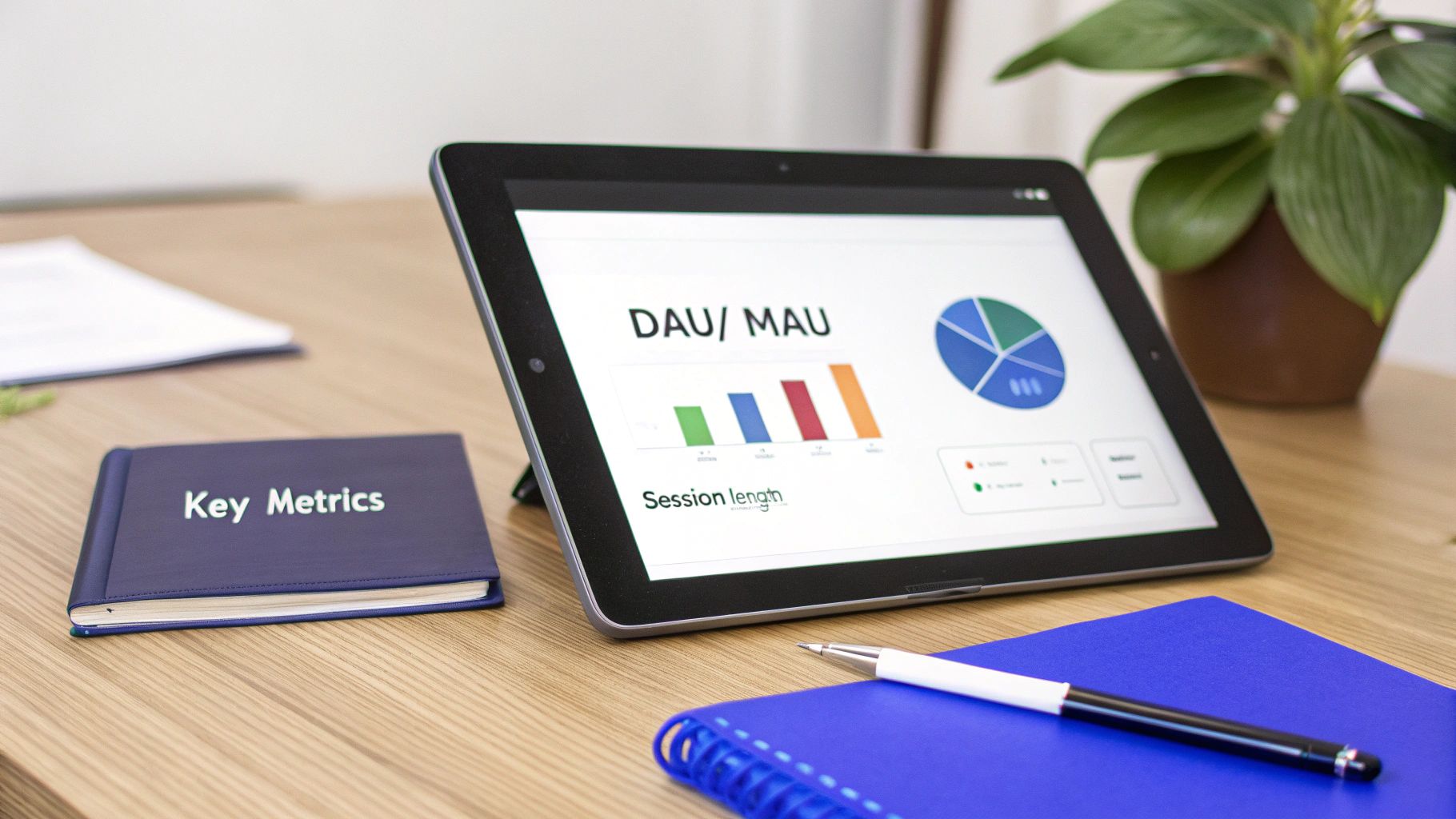 Tablet showing customer engagement metrics with 'Key Metrics' notebook on a wooden desk.