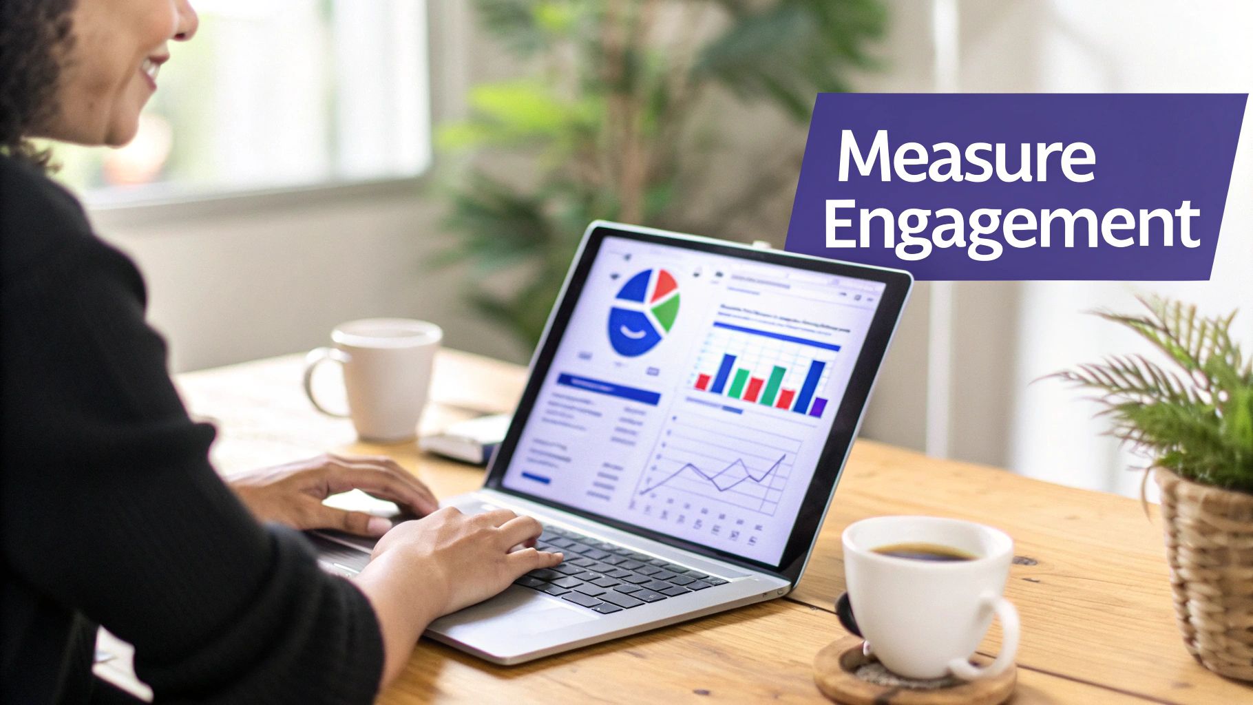 A person smiles while typing on a laptop displaying data visualizations for measuring engagement.