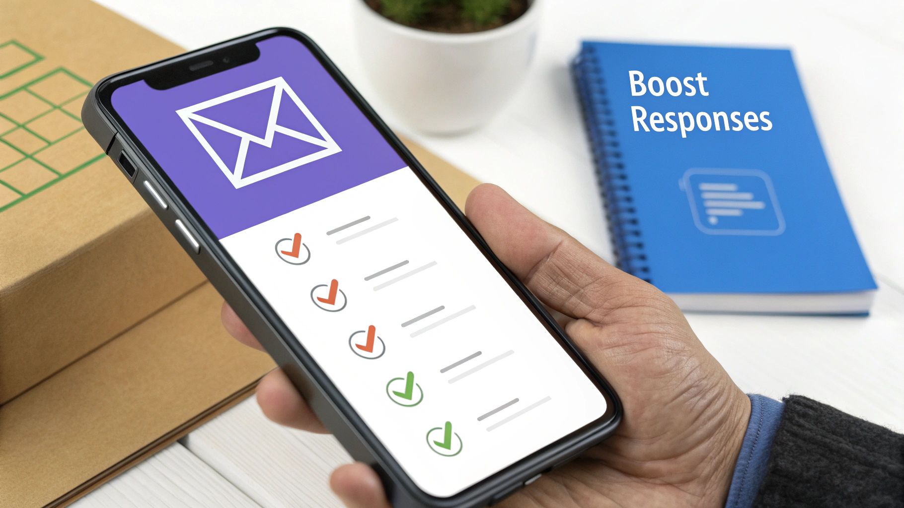 Hand holding smartphone with email icon and checklist; a 'Boost Responses' notebook in the background.