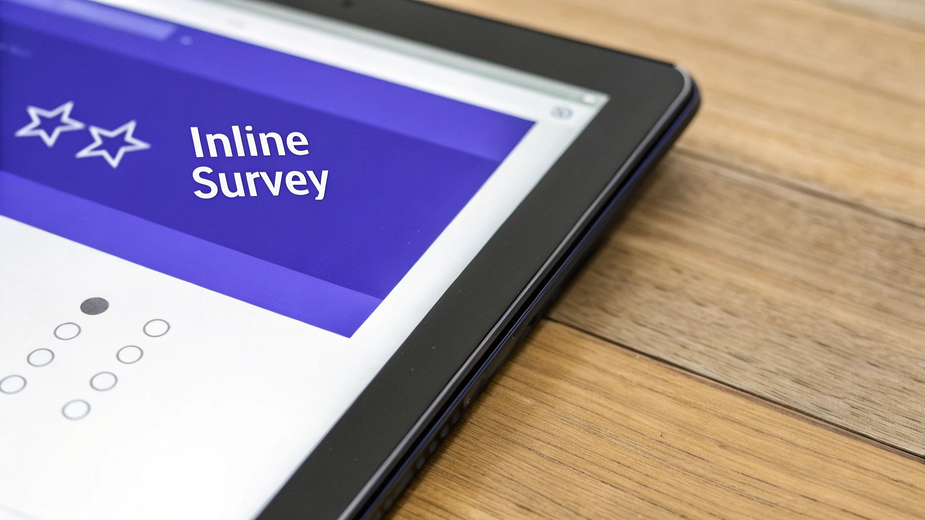 Tablet displaying an inline survey form with star ratings and selected radio button on a wooden table.