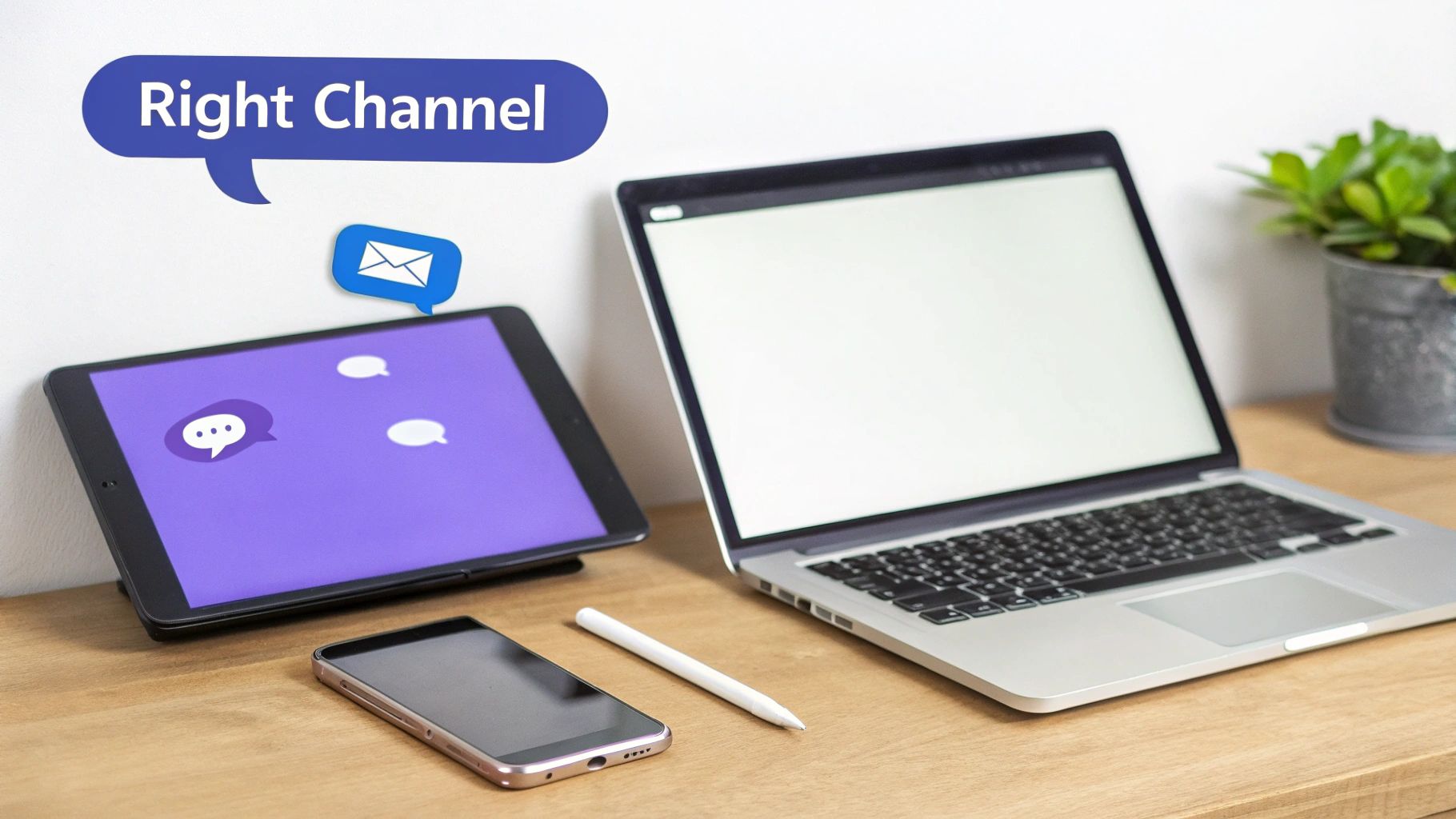A clean digital workspace featuring a tablet, laptop, and smartphone, emphasizing the 'Right Channel' for communication.
