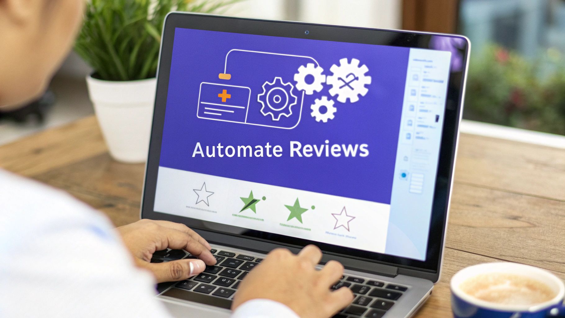 Person's hands typing on a laptop displaying 'Automate Reviews' software with star ratings.