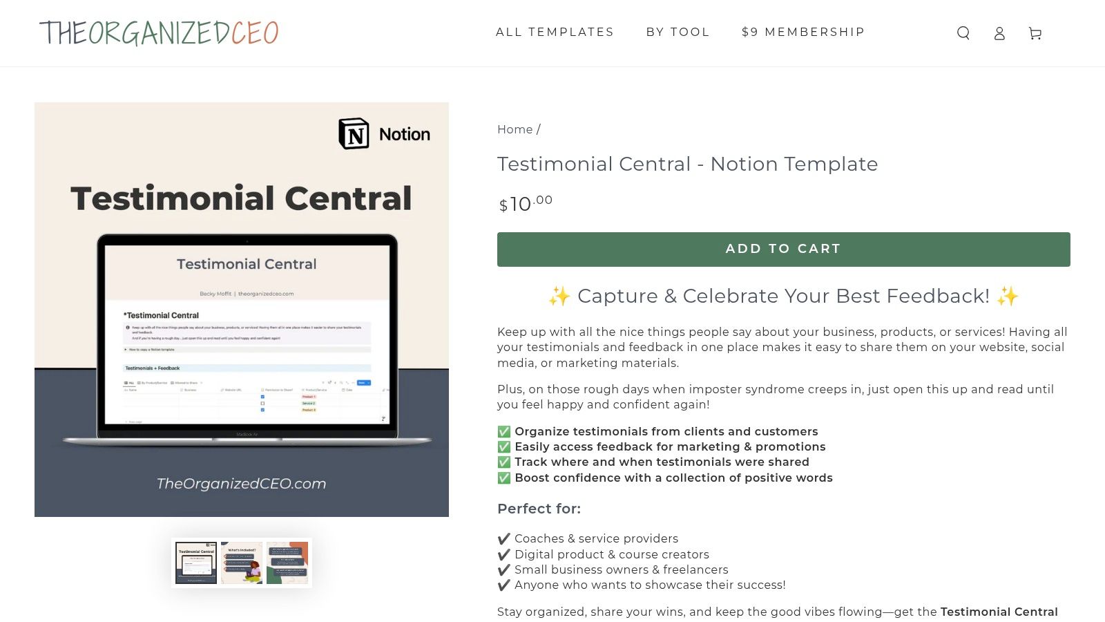 The Organized CEO Shop (Testimonial Central Notion Template)