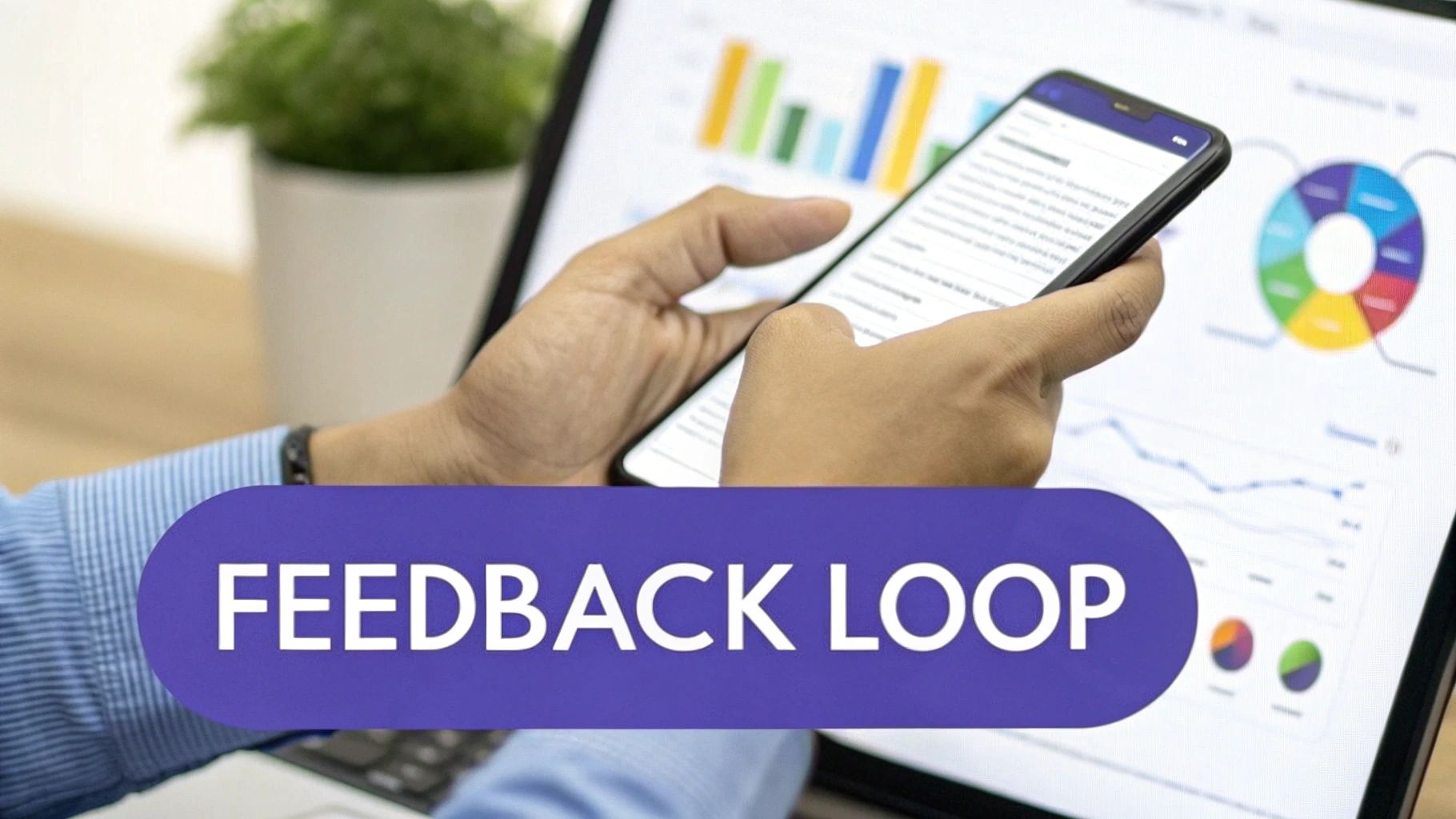 Person using a smartphone with a laptop displaying business charts and graphs in the background, overlaid with 'FEEDBACK LOOP' text.