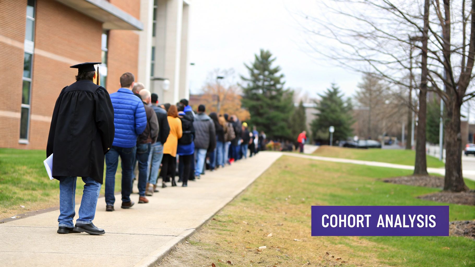 A group of people, including a graduate, waiting in a long line outside a building, with "COHORT ANALYSIS" text.