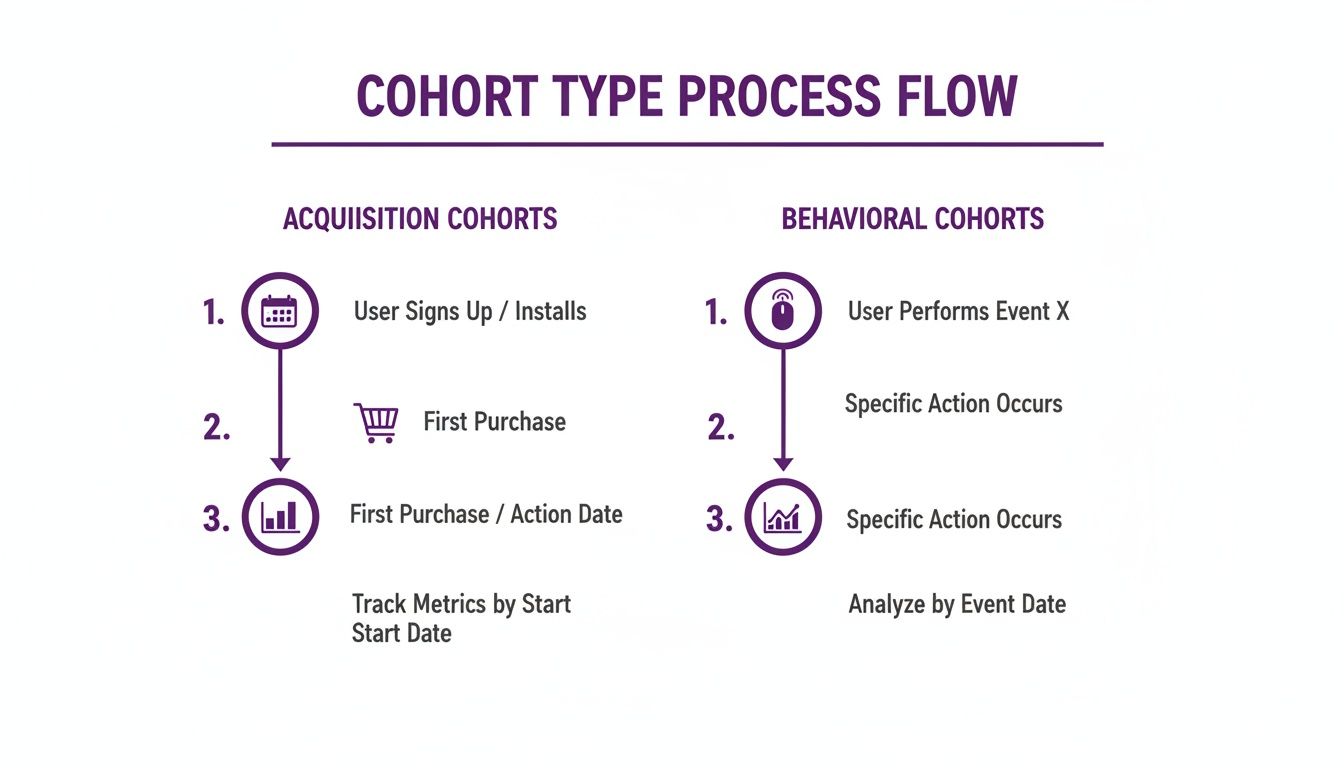 Process flow diagram explaining acquisition and behavioral cohort analysis types, showing key steps and metrics.