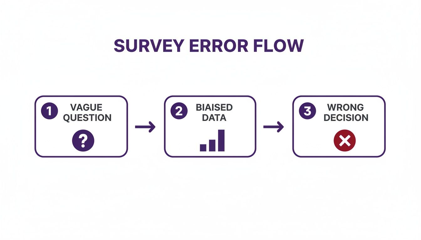 Flowchart illustrating survey error flow: vague questions lead to biased data and wrong decisions.