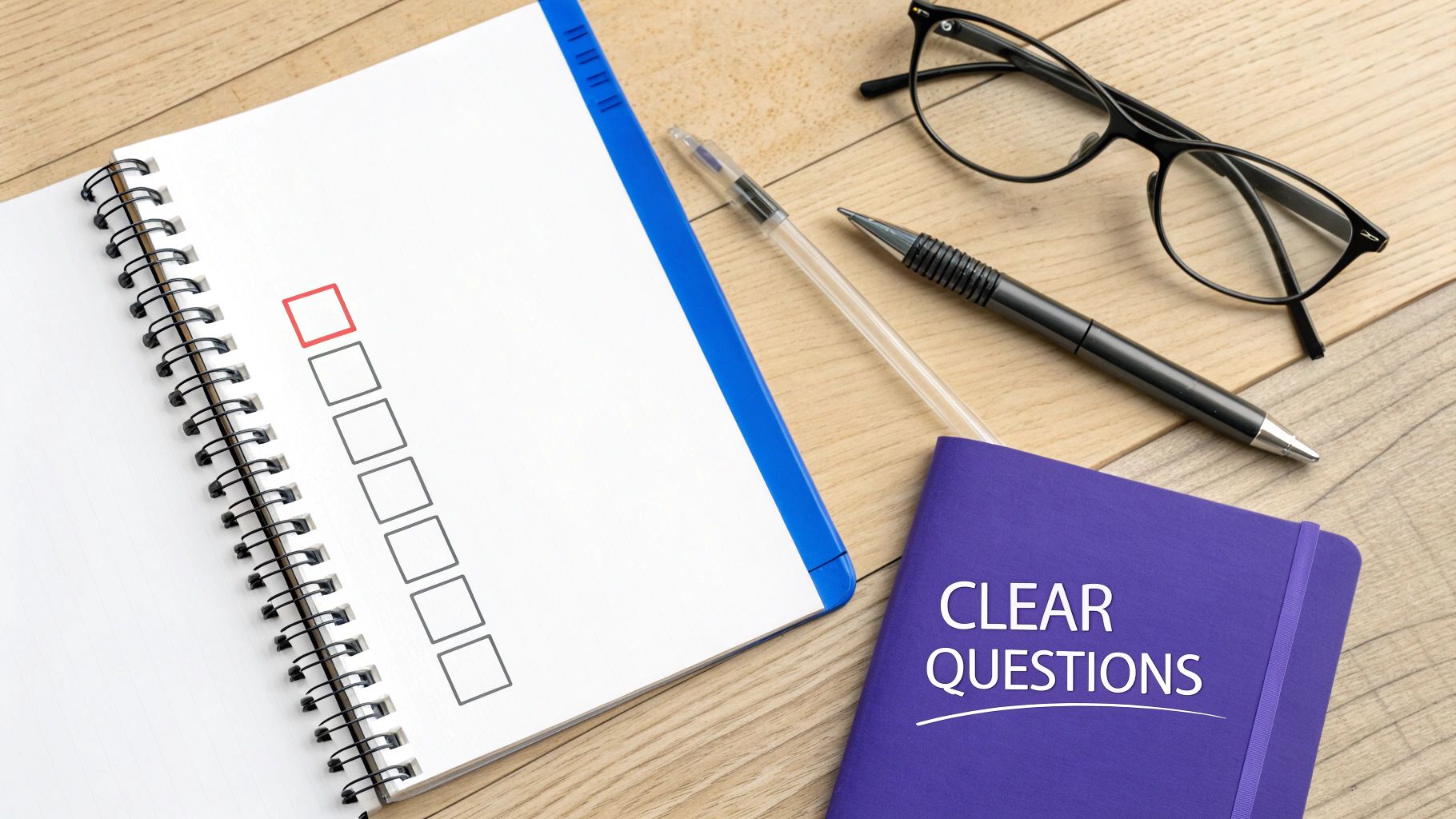 Overhead view of a notebook with checkboxes, pens, glasses, and a 'CLEAR QUESTIONS' journal.