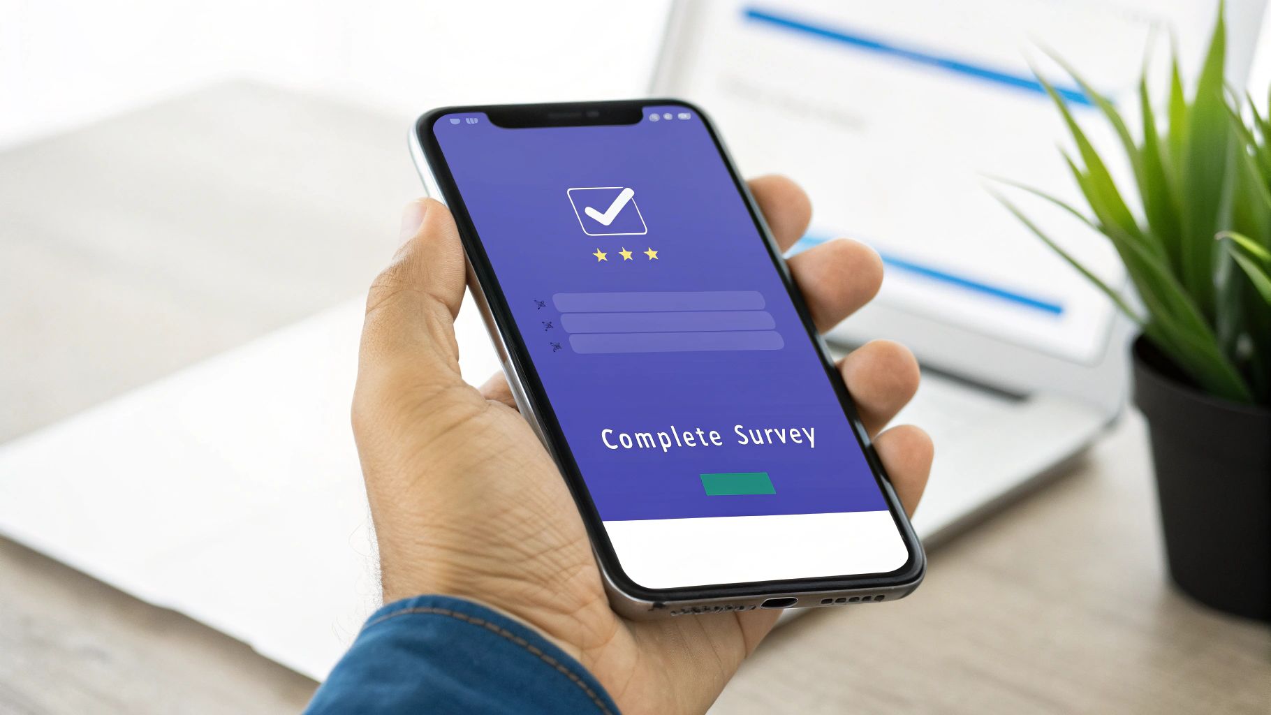 A hand holding a smartphone displaying a 'Complete Survey' screen with a checkmark and stars.