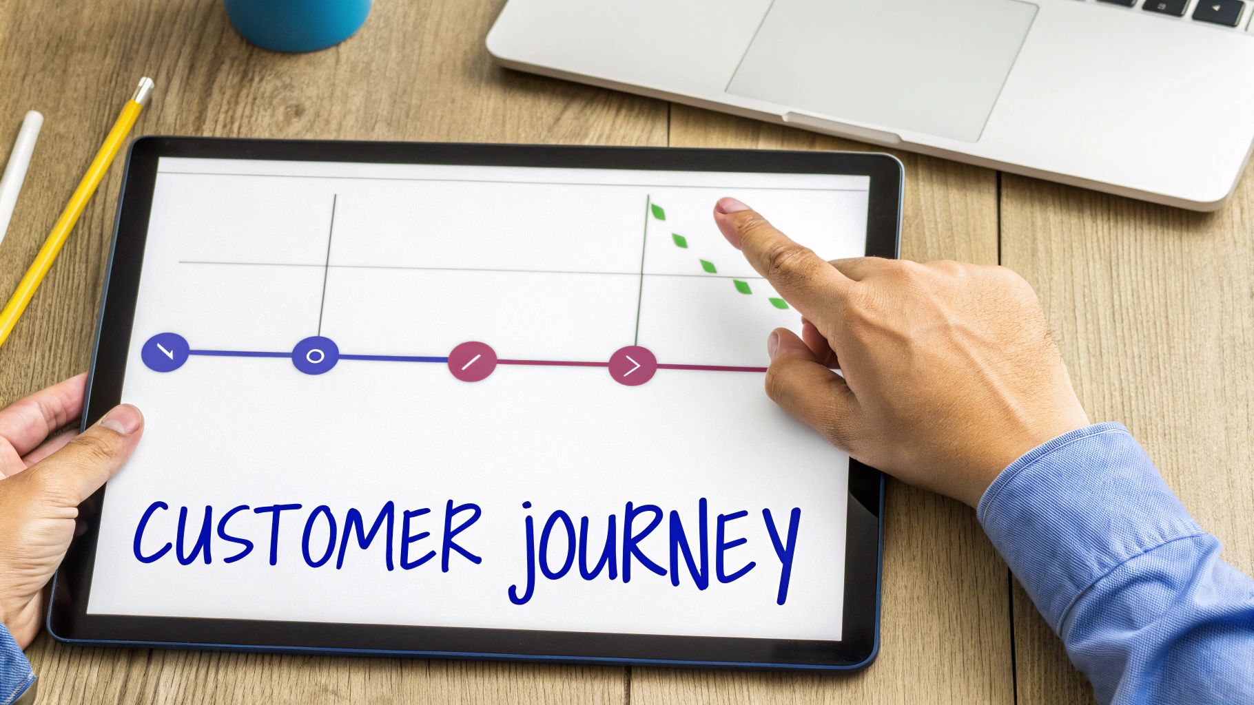 Close-up of hands interacting with a tablet displaying a 'Customer Journey' diagram and growth.
