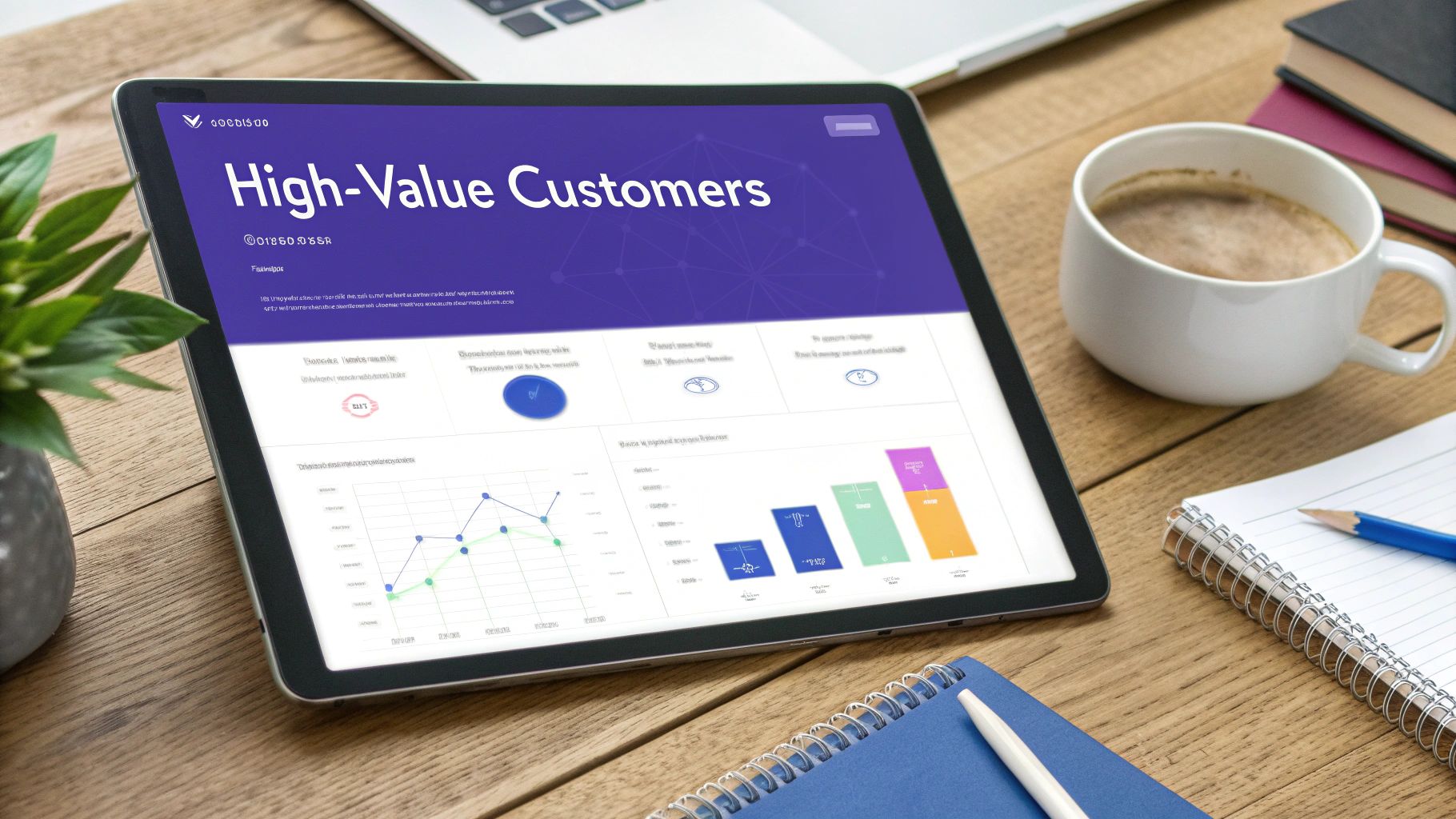 A tablet on a wooden desk displays a 'High-Value Customers' dashboard with various data charts and graphs.