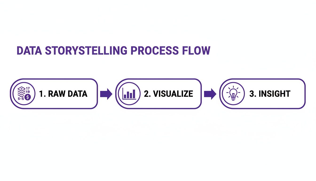 A three-step diagram outlining the data storytelling process: raw data, visualize, and insight.