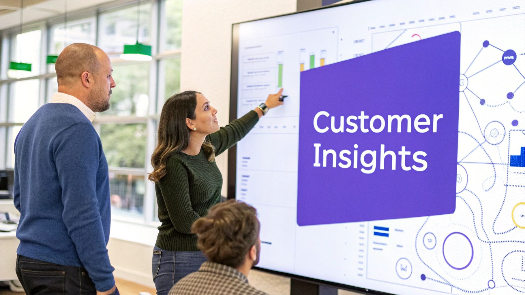 Three professionals discuss customer insights data on a large interactive screen in a modern office.