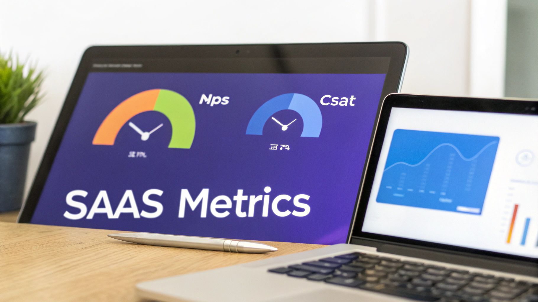 A tablet displays 'SAAS Metrics' with gauges for NPS and CSAT, alongside a laptop showing charts.
