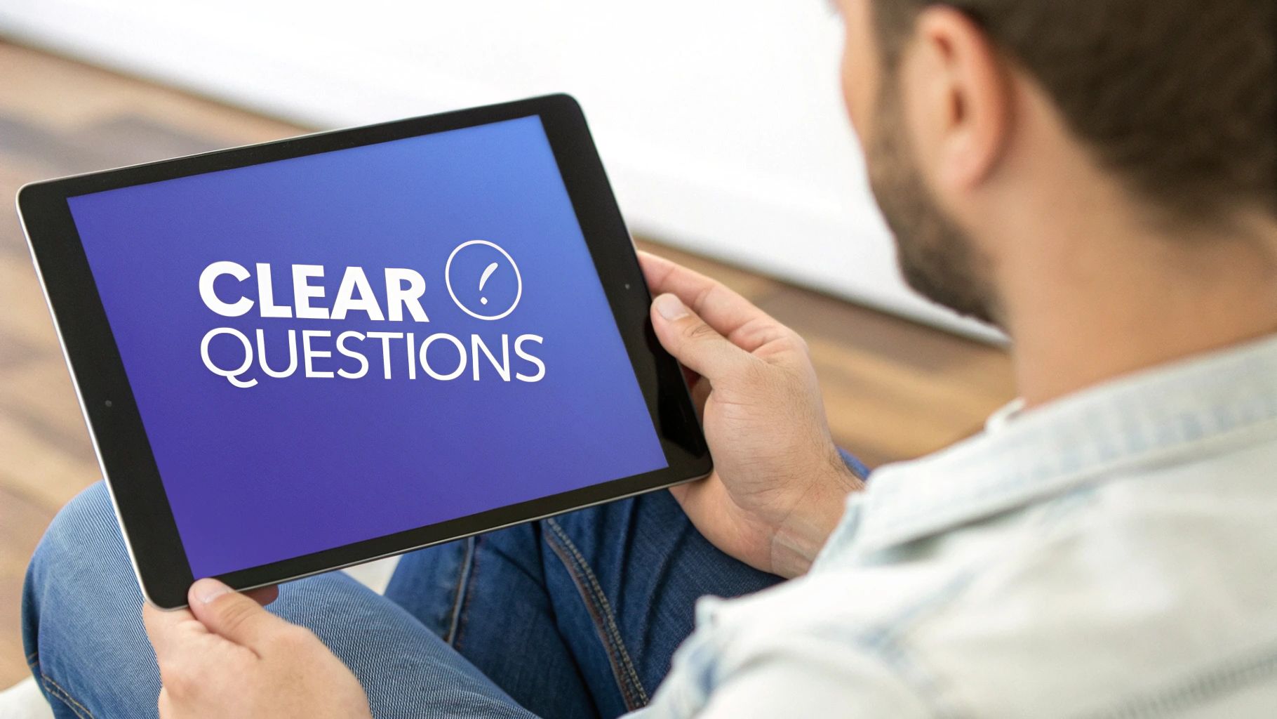 A person holds a digital tablet displaying "CLEAR QUESTIONS" and an exclamation mark on a blue screen.