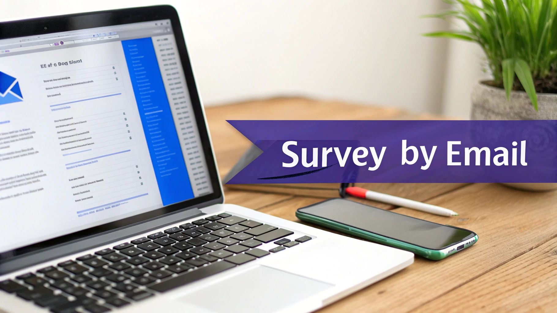 Laptop displaying an email interface and a smartphone on a wooden desk, with a 'Survey by Email' banner.