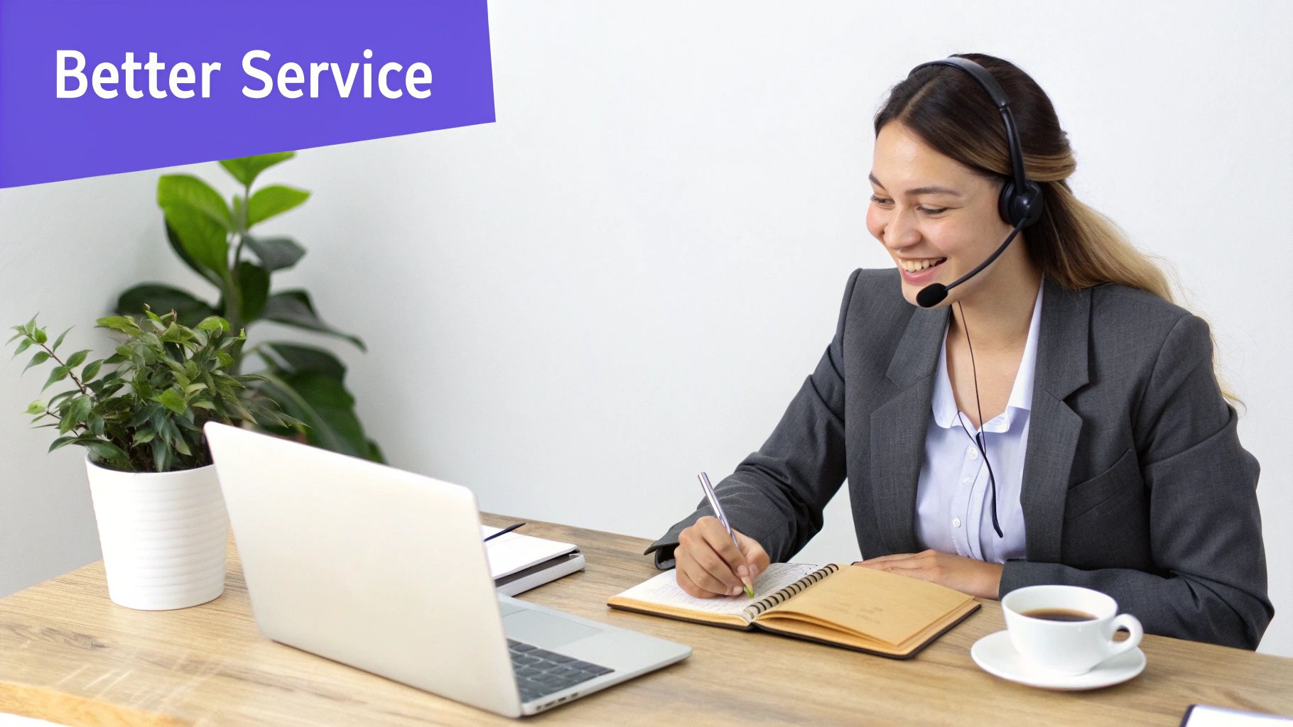Smiling woman with headset taking notes at a desk, providing better customer service.