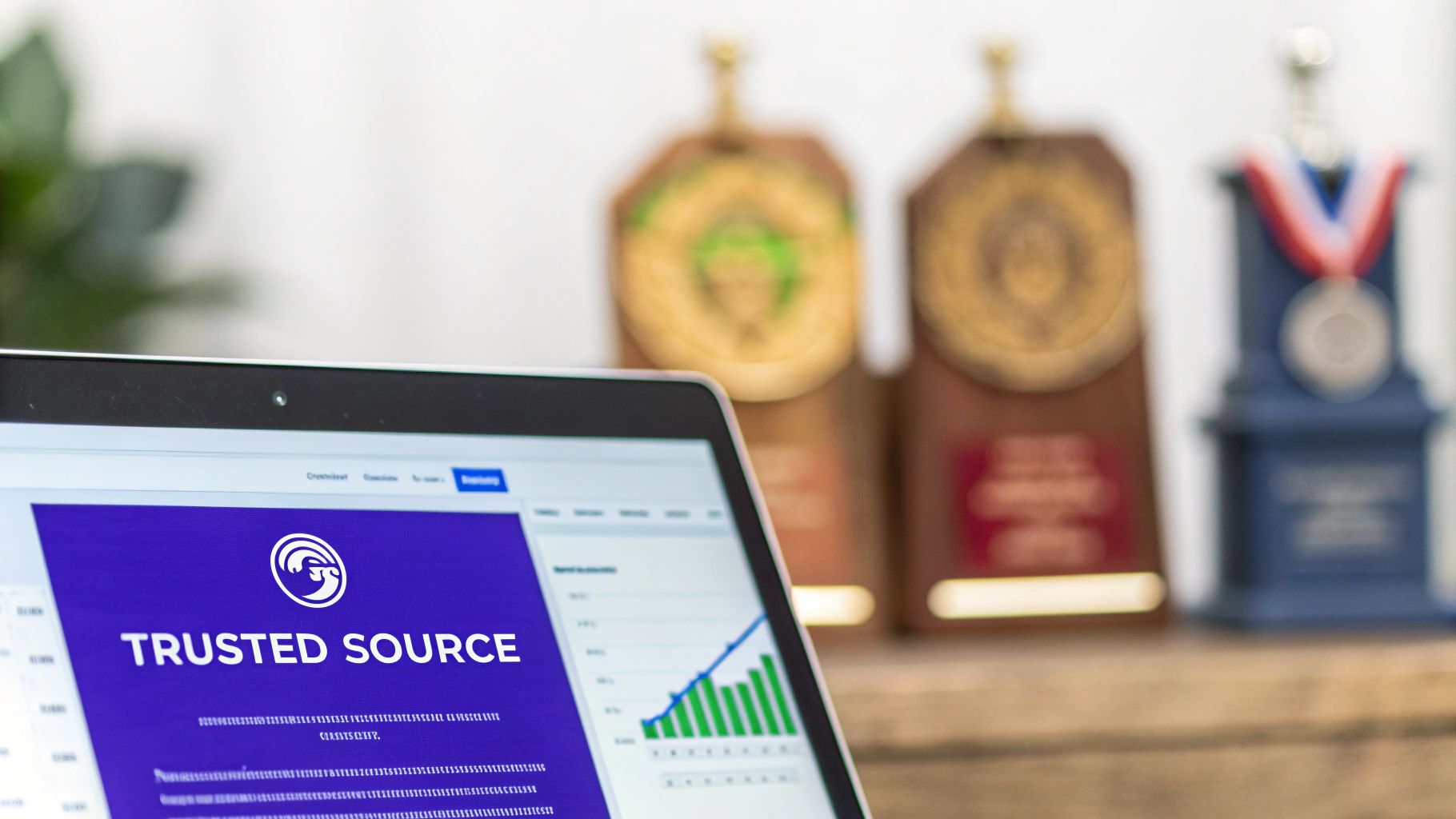 A laptop screen displays 'Trusted Source' branding and an upward-trending graph, with blurred achievement awards in the background.