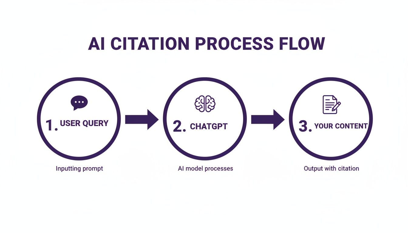 A process flow diagram illustrating AI citation steps: User Query, ChatGPT processing, and Content output with citation.