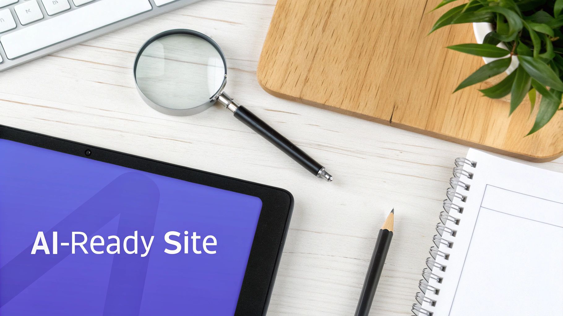 A flat lay workspace with a tablet displaying 'AI-Ready Site', a magnifying glass, keyboard, and notebook.