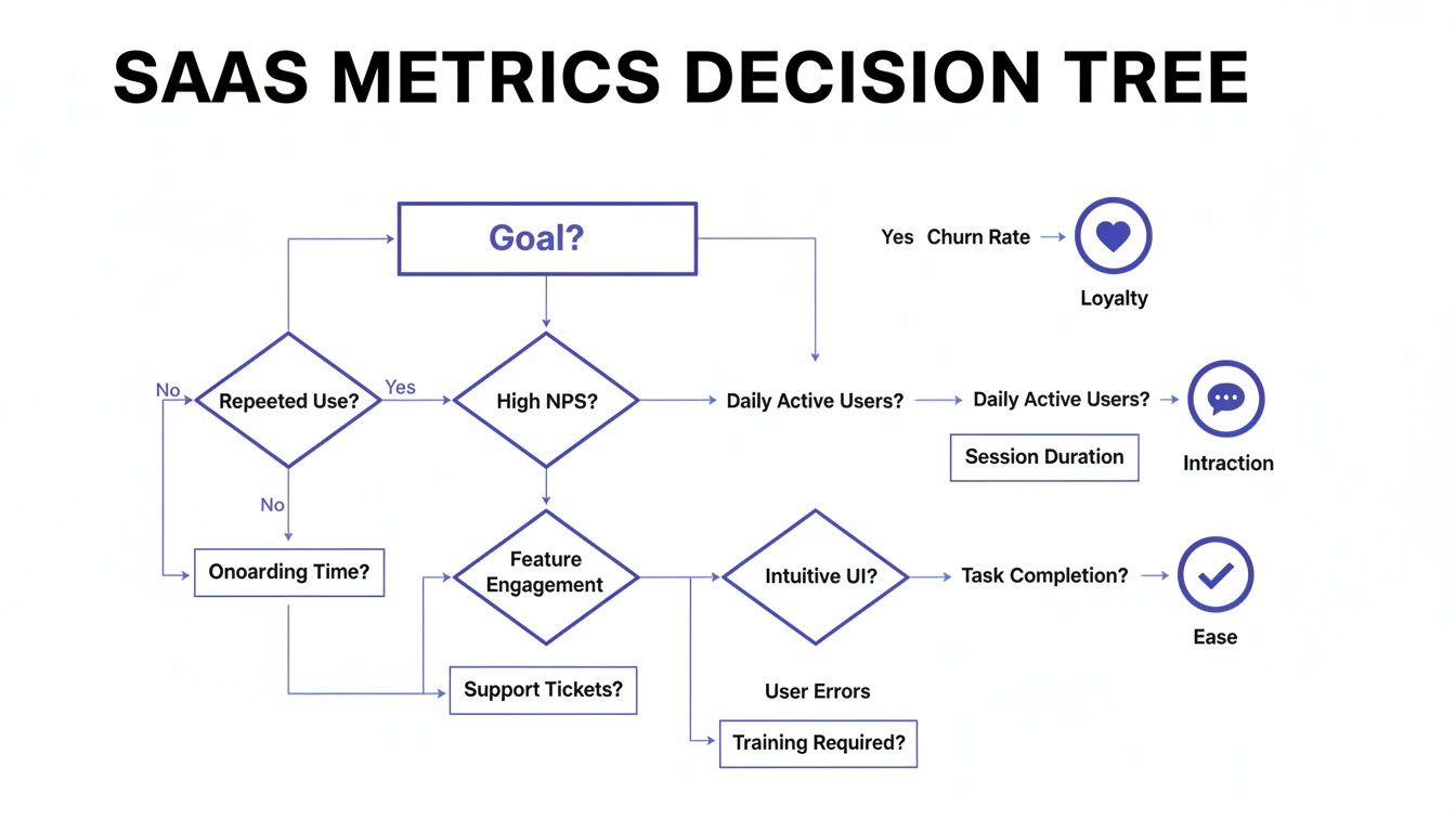 SaaS metrics decision tree flowchart to assess loyalty, interaction, and ease of use.