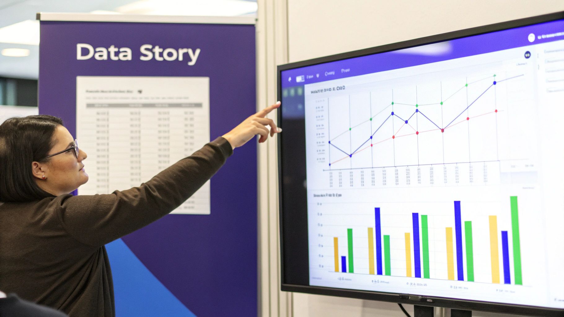 A woman in glasses points at a large screen displaying data visualizations, including line and bar charts.