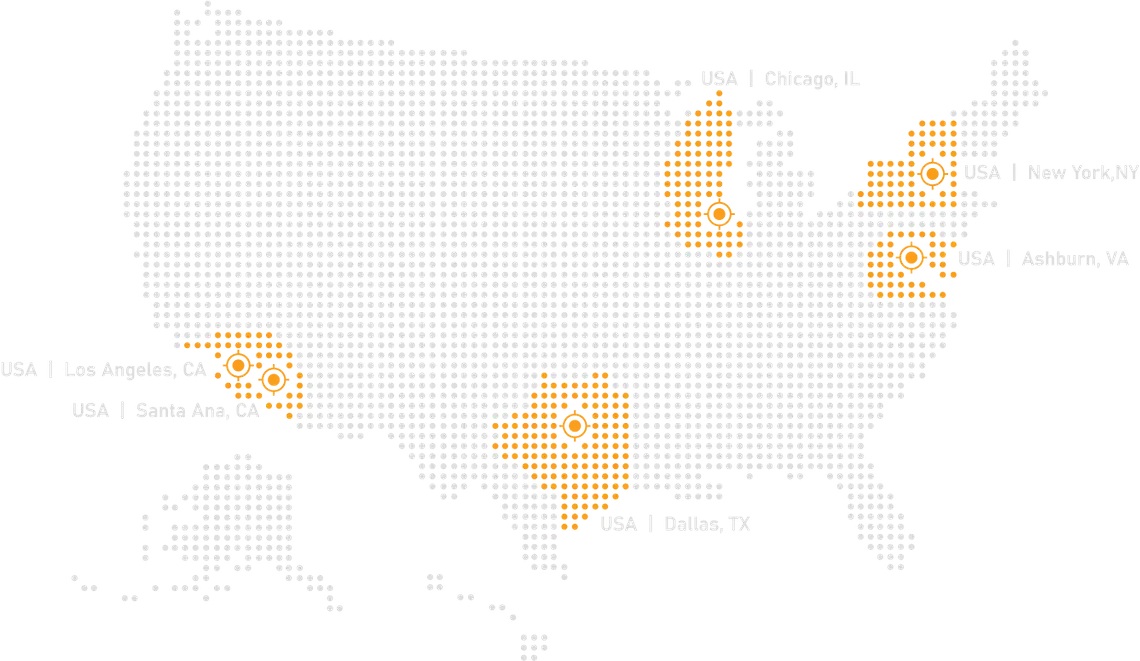 A map of the United States with dots on Chicago, New York, Ashburn, Los Angeles, and Dallas