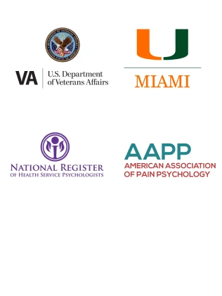 Logos representing Dr. Liana Preudhomme’s clinical psychology training and memberships, including the U.S. Department of Veterans Affairs, University of Miami, National Register of Health Service Psychologists, and the American Association of Pain Psychology.