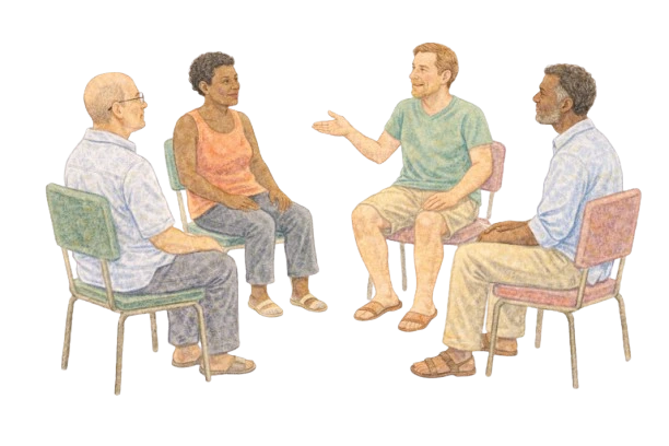 Illustration of a small, diverse group of adults sitting in a circle and talking during a therapy support group session.