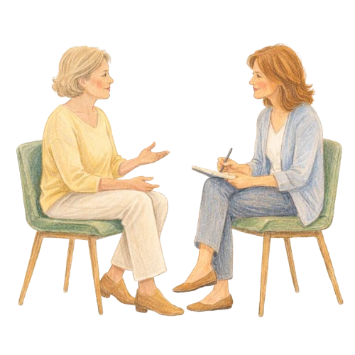 Therapist and adult client sitting across from each other in a one-on-one therapy session, talking in a calm supportive setting.