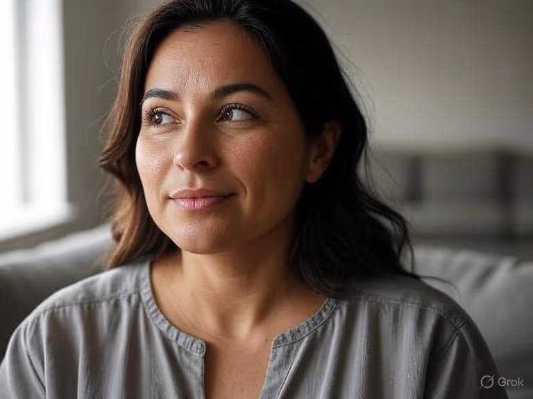 A thoughtful woman with long dark hair sitting indoors, looking slightly to the side with a gentle expression on her face.