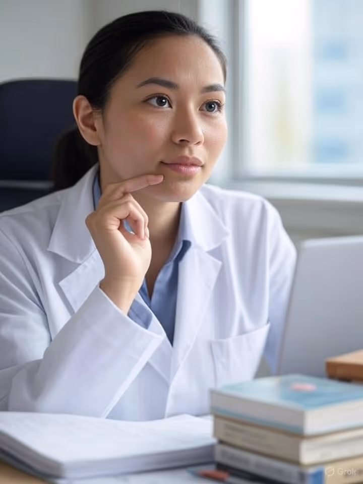 A young female doctor wearing a white lab coat sits at a desk with an open notebook and stacked books, thoughtfully resting her finger on her chin while looking slightly away.