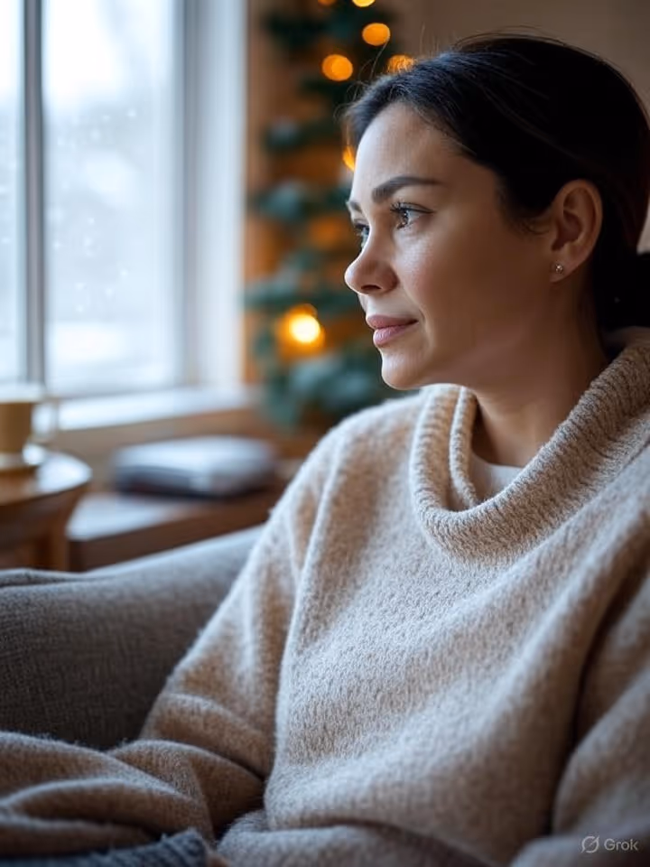 Woman in a cozy beige sweater sitting indoors, gazing thoughtfully out a window with soft holiday lights and a decorated tree in the background.