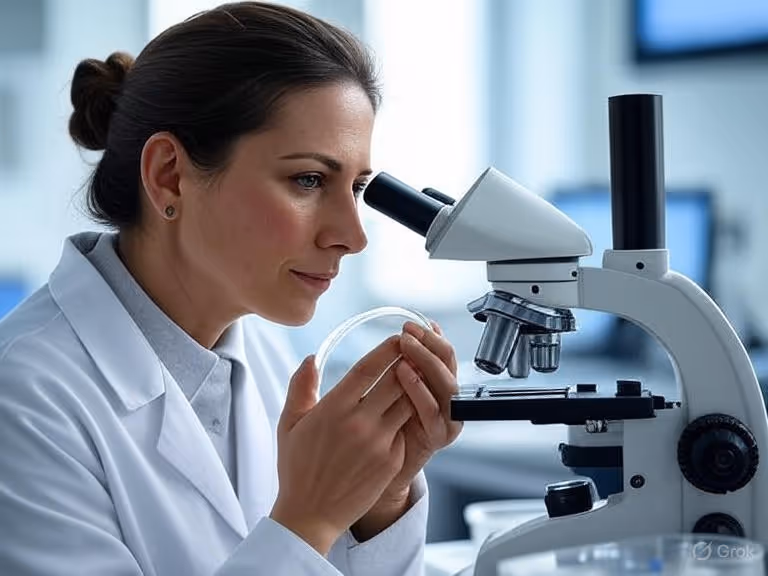 Female scientist in a lab coat examining a sample through a microscope while holding a petri dish in a modern laboratory setting.