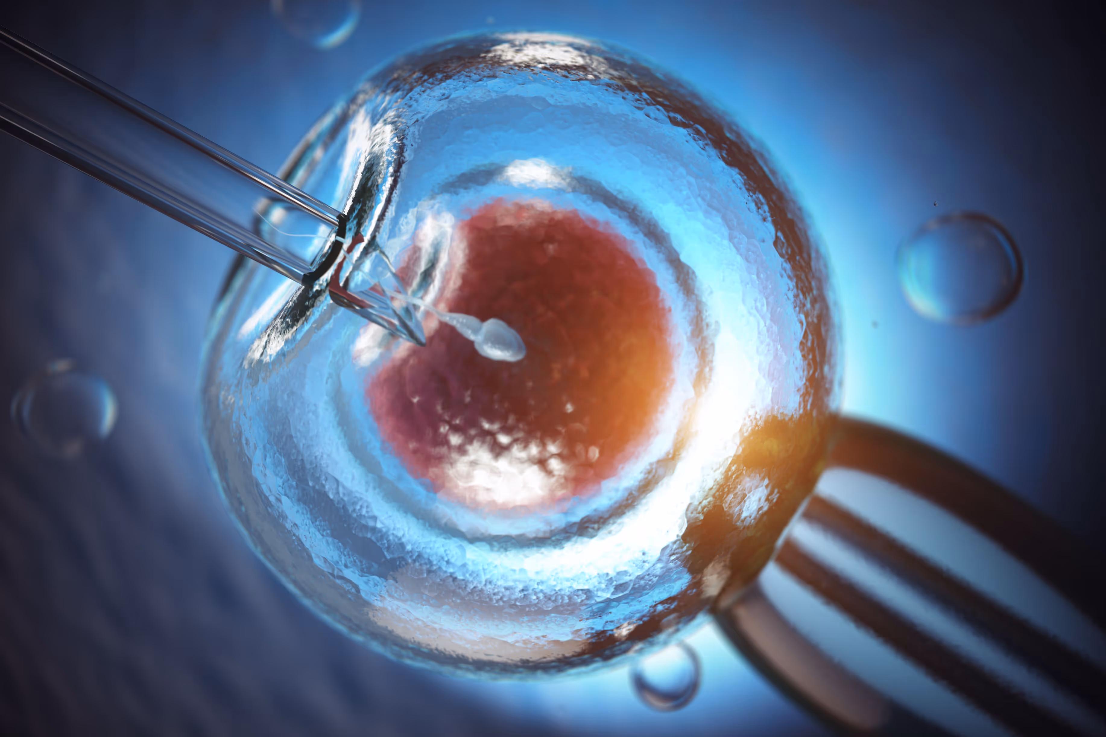 Close-up digital illustration of in vitro fertilization (IVF), showing a needle injecting genetic material into an egg cell, surrounded by a glowing blue environment and floating bubbles, symbolizing advanced reproductive technology.