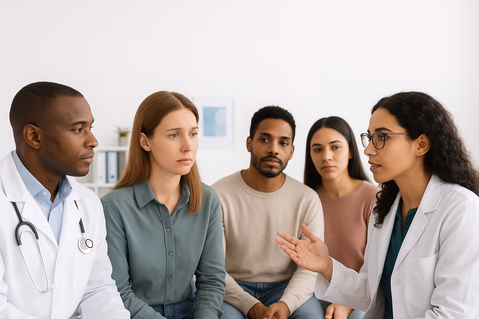 group of diverse friends discussing something with two doctors in white lab coats