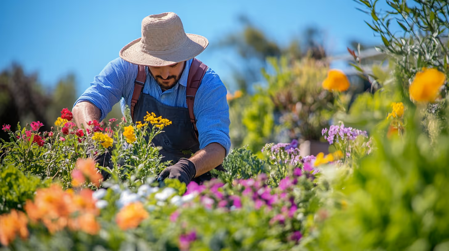 A gardener planting colourful flowers in a well-kept garden bed.