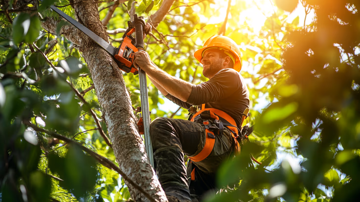 An arborist wearing safety gear sits in a tree, pruning it with specialised equipment.