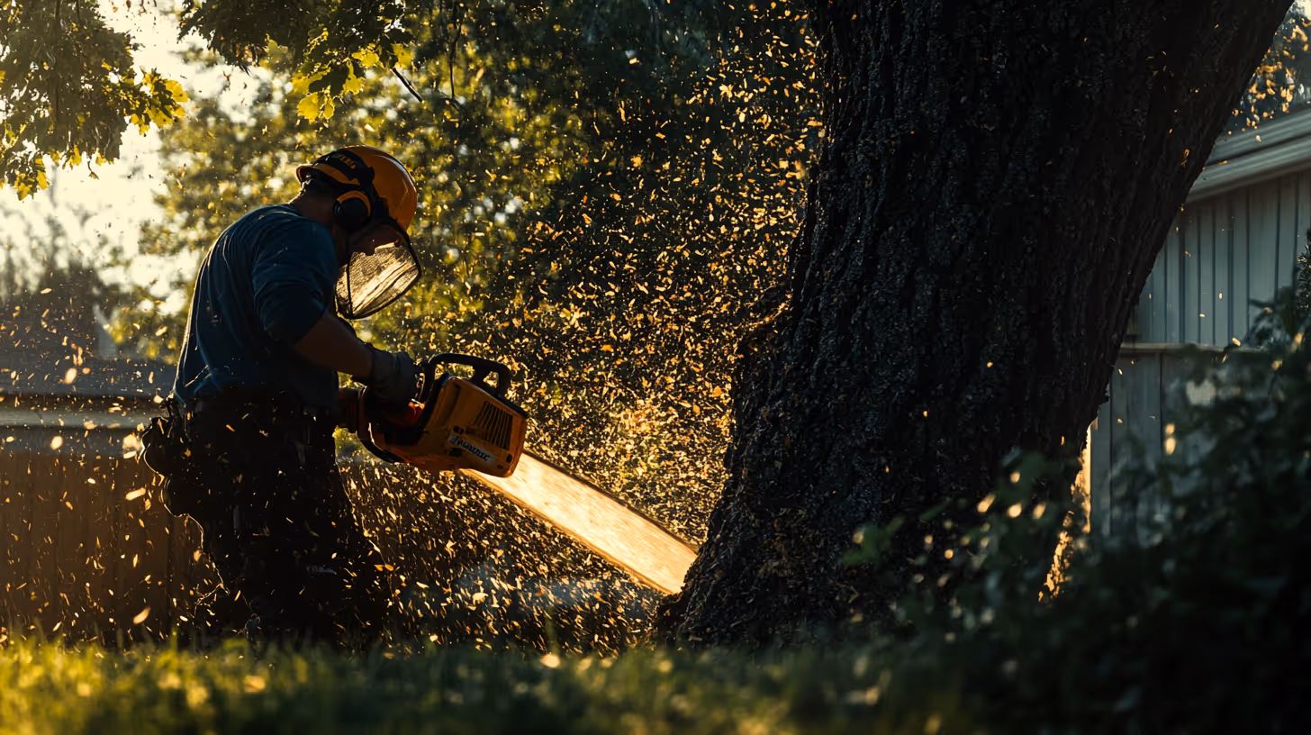 A professional arborist in safety gear using a chainsaw to cut down a large tree.
