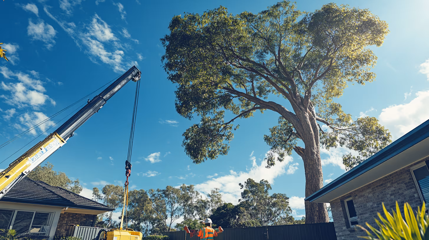 A large crane ready to lift a massive tree trunk in a suburban yard on a sunny day.